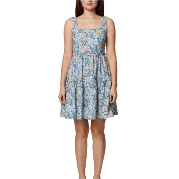 BCBGeneration Square Neck Mini Dress Women's 12 Geo Floral Ruffled Zip Closure - Picture 5 of 14